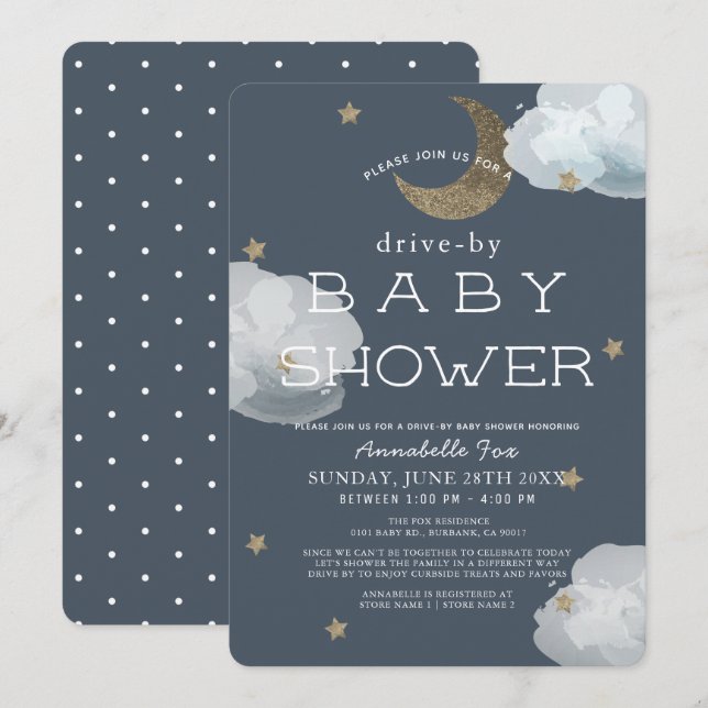 Invitación Baby Shower de la flota de la Luna, las Estrellas  (Anverso / Reverso)