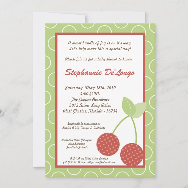 Invitación Baby Shower de la fruta de cerezo roja  (Anverso)