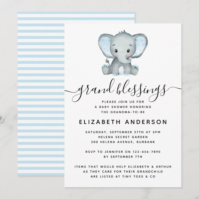 Invitación Baby Shower de la futura abuela del Elefante Azul (Anverso / Reverso)
