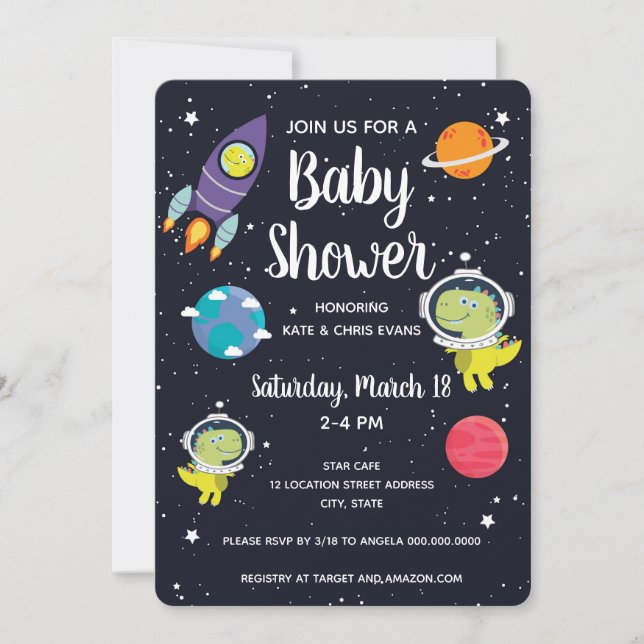 Invitación Baby Shower de la galaxia de dinosaurios espaciale (Anverso)