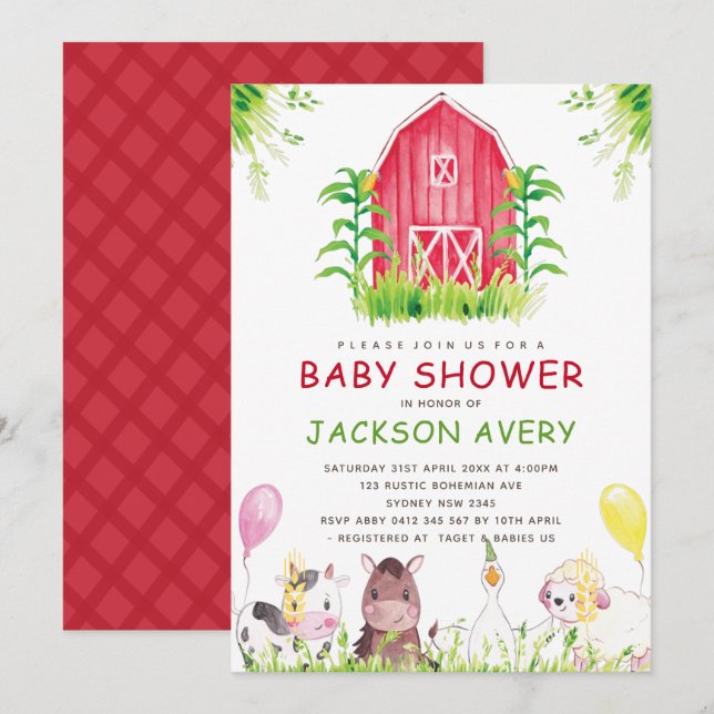 Invitación Baby Shower de la granja de acuarela Cuta (Anverso / Reverso)