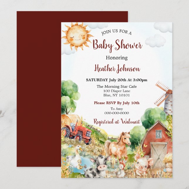 Invitación Baby Shower de la granja de acuarela Cuta (Anverso / Reverso)