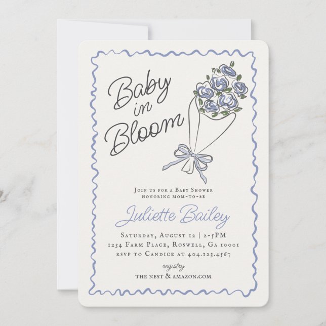 Invitación Baby Shower de la granja de flores azul (Anverso)