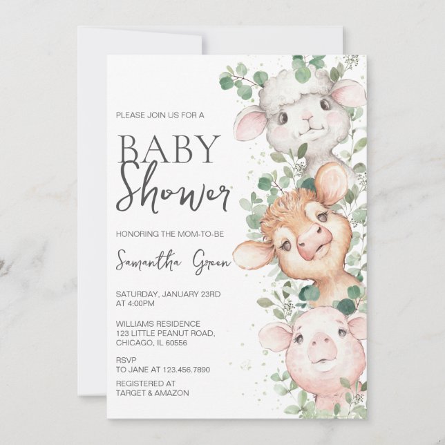 Invitación Baby Shower de la granja de niños (Anverso)