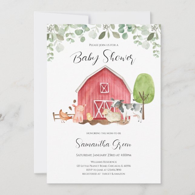 Invitación Baby Shower de la granja de niños (Anverso)