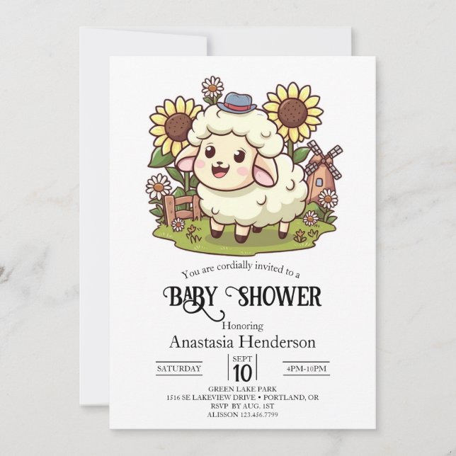 Invitación Baby Shower de la granja de ovejas recortadas (Anverso)