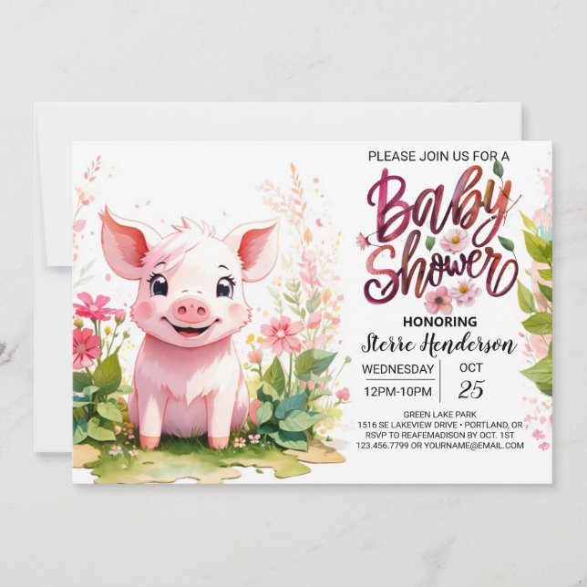Invitación Baby Shower de la Granja Jardín de Piglet (Anverso)