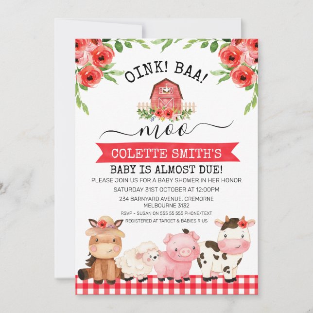 Invitación Baby Shower de la Granja Red Barn Oink  (Anverso)