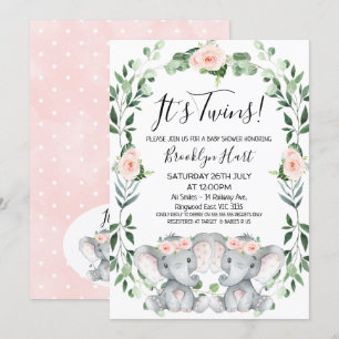 Invitación Baby Shower de la guirnalda floral rosa Twin Eleph