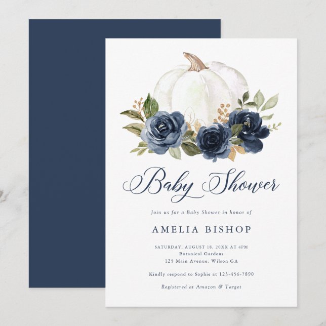 Invitación Baby Shower de la Hoja de Oro de la Calabaza Azul  (Anverso / Reverso)