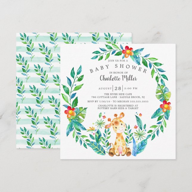Invitación Baby Shower de la jirafa de la jungla (Anverso / Reverso)