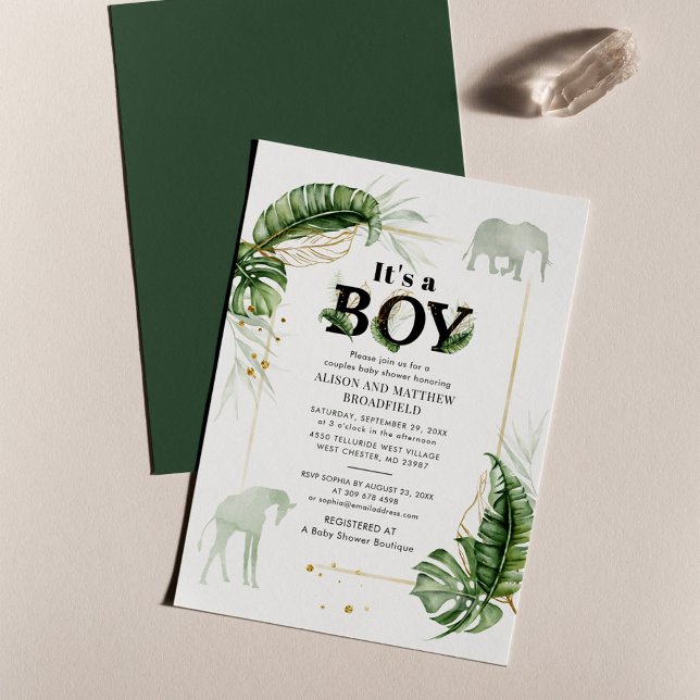 Invitación Baby Shower de la jirafa del elefante safari botán (Jungle Safari Animals Couples Boy Baby Shower Invitation)