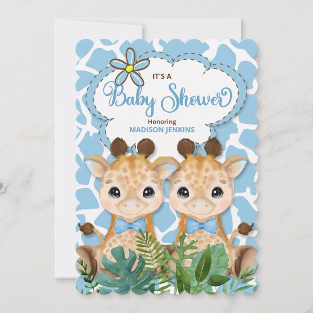 Invitación Baby Shower de la jungla de la jirafa azul para ni (Anverso)