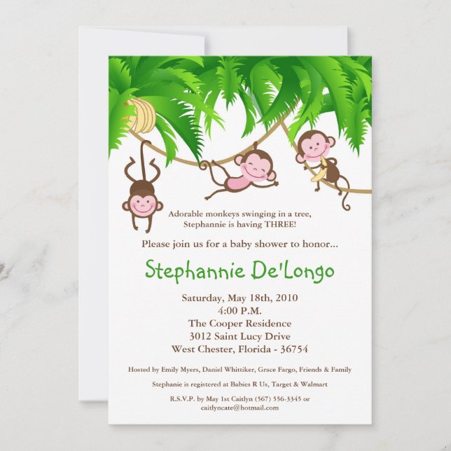 Invitación Baby Shower de la jungla de monos 5x7 T (Anverso)