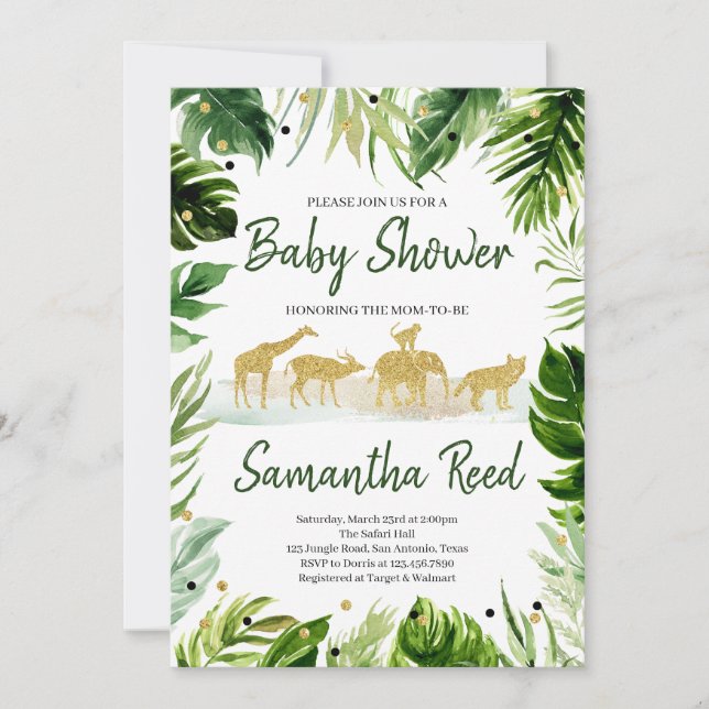 Invitación Baby Shower de la Junta de Safari de Oro Verde (Anverso)