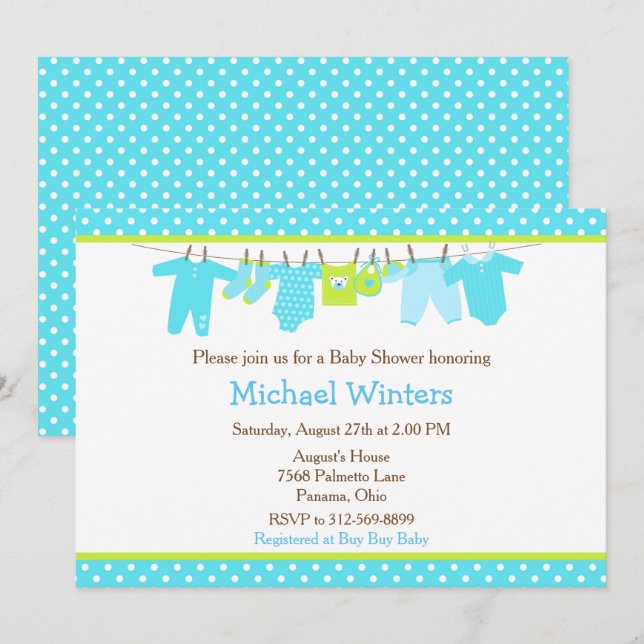 Invitación Baby Shower de la línea azul y verde del bebé (Anverso / Reverso)