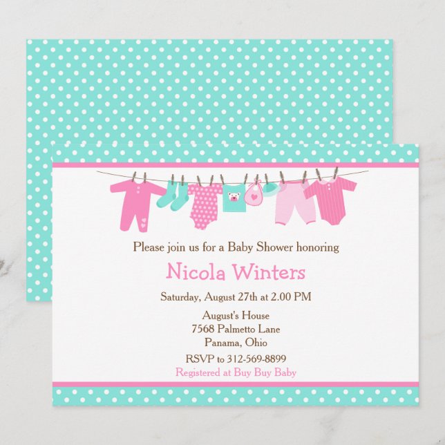 Invitación Baby Shower de la línea de bebé rosa y verde (Anverso / Reverso)