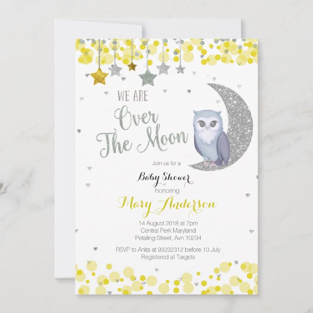 Invitación Baby Shower de la luna de búho rosa amarillo plate (Anverso)