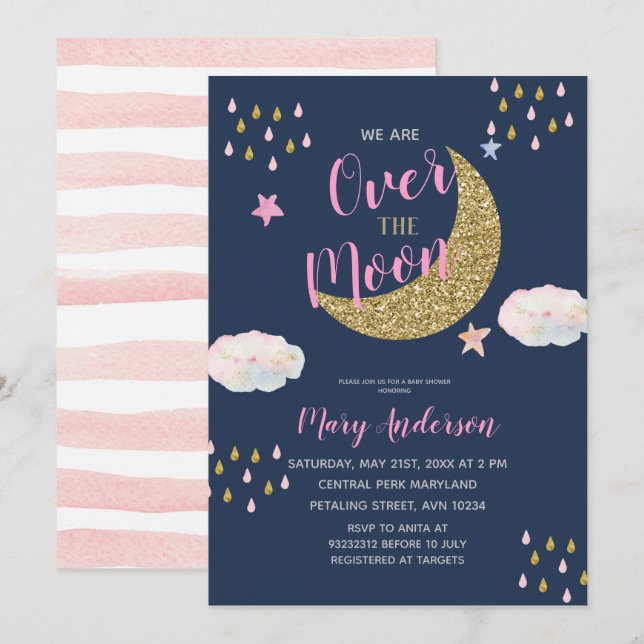 Invitación Baby Shower de la Luna de Oro Rosa (Anverso / Reverso)