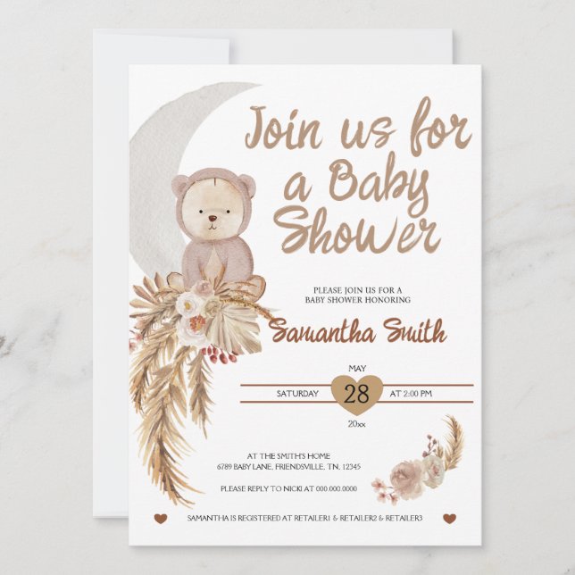 Invitación Baby Shower de la Luna de Oso Neutral d (Anverso)