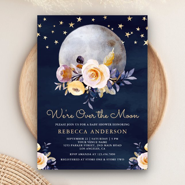 Invitación Baby Shower de la luna floral de Navy Blue Boho Ea (Subido por el creador)