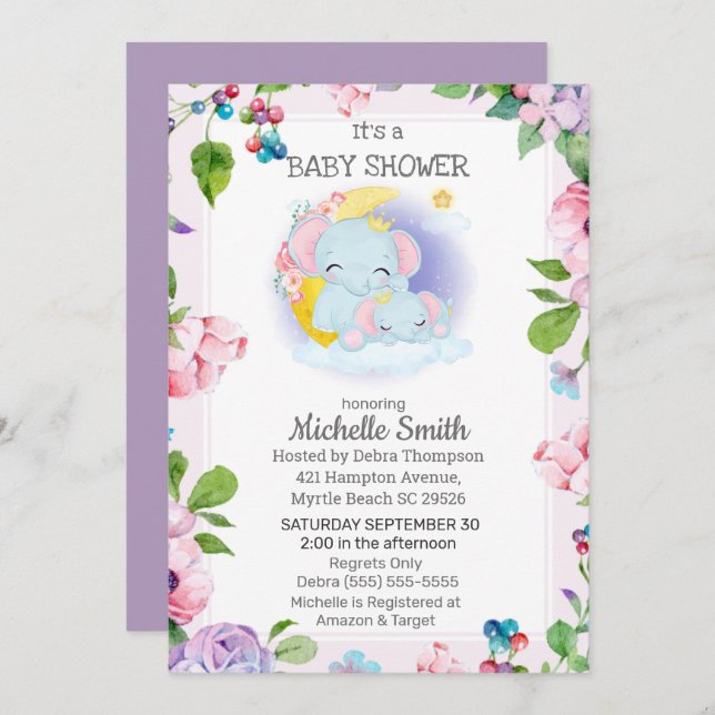 Invitación Baby Shower de la madre floral del Elefante Púrpur (Anverso / Reverso)
