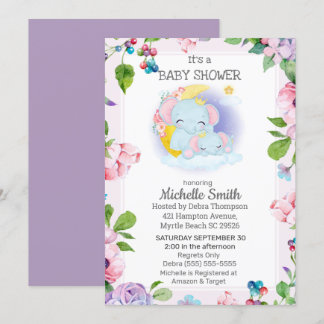 Invitación Baby Shower de la madre floral del Elefante Púrpur