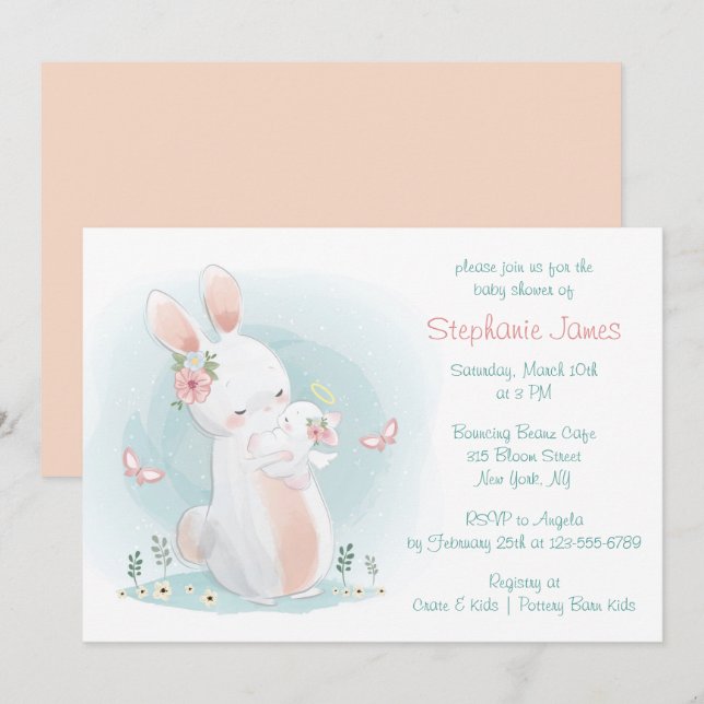 Invitación Baby Shower de la madre pastel y el conejo bebé (Anverso / Reverso)