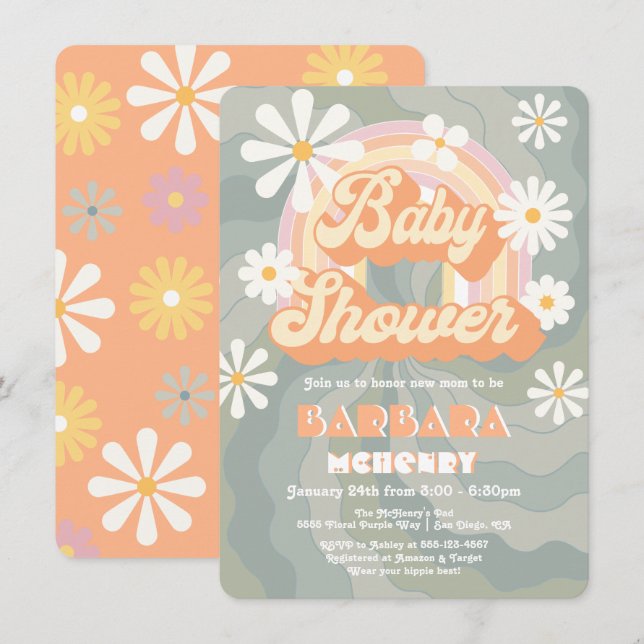 Invitación Baby Shower de la margarita arcoiris de los años 6 (Anverso / Reverso)