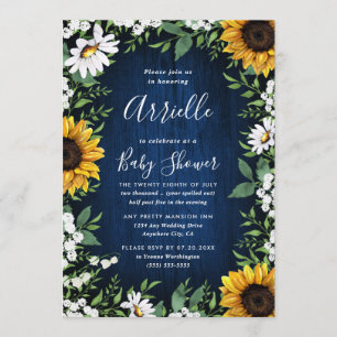 Invitación Baby Shower de la Marina Blue Sunflower Rustic Cou