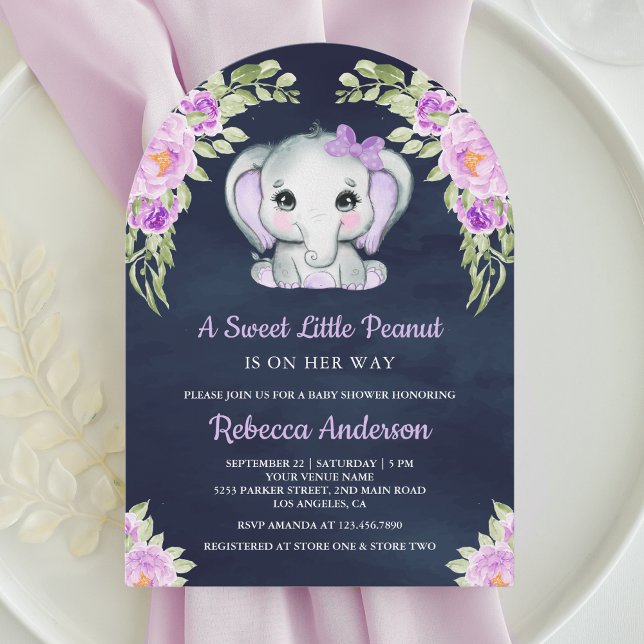 Invitación Baby Shower de la Marina Cute Purple Floral Elepha (Subido por el creador)