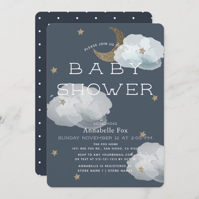 Invitación Baby Shower de la Marina de la Luna, las Estrellas (Anverso / Reverso)