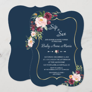 Invitación Baby Shower de la Marina de Oro Floral Rosa de Bor