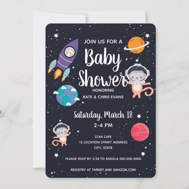 Invitación Baby Shower de la Marina Espacial de los Monos (Anverso)