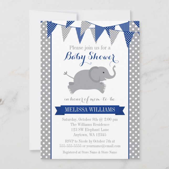 Invitación Baby Shower de la Marina Grey Elephant Polka Dot (Anverso)