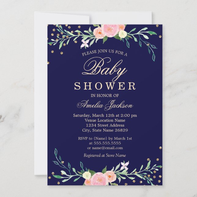 Invitación Baby Shower de la Marina Sweet Floral Sparkle Conf (Anverso)