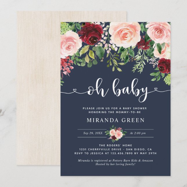 Invitación Baby Shower de la Marina y Rubor Burgundy Floral (Anverso / Reverso)