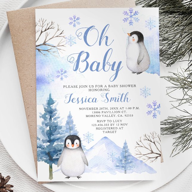 Invitación Baby Shower de la montaña animal pingüino de invie (Subido por el creador)
