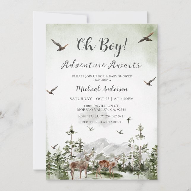 Invitación Baby Shower de la montaña de los bosques de los bo (Anverso)