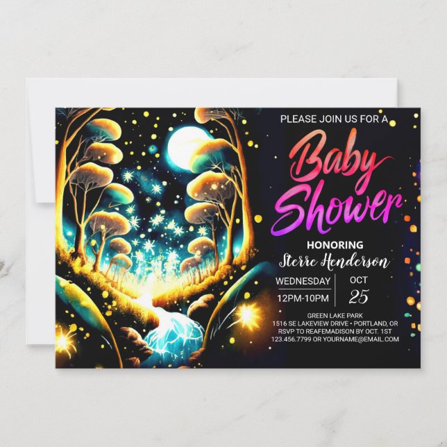 Invitación Baby Shower de la noche de las luciérnagas encanta (Anverso)