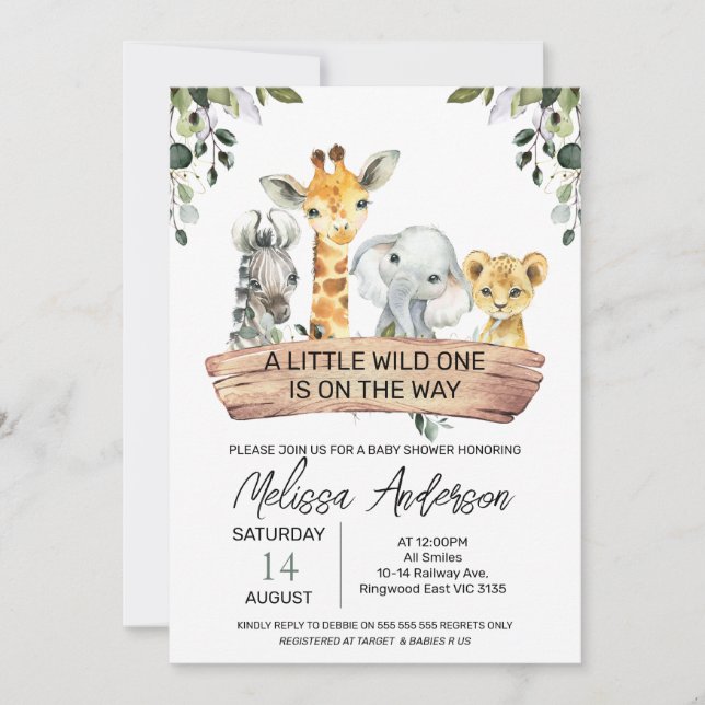 Invitación Baby Shower de la pancarta de la madera de Safari  (Anverso)