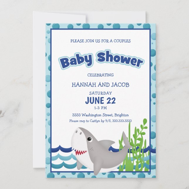 Invitación Baby Shower de la pareja azul de un chico de tibur (Anverso)
