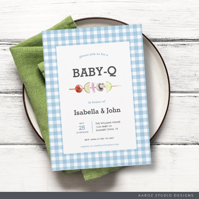 Invitación Baby Shower de la pareja Blue Gingham B (Invite shown in 5 x 7 inches with square corner, choose size, paper and corner style before checkout)