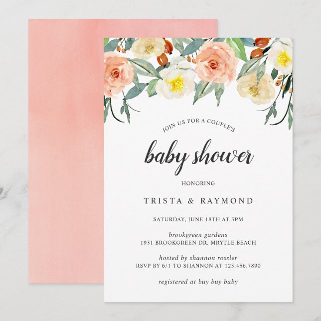 Invitación Baby Shower de la pareja de Chicas Florales de col (Anverso / Reverso)