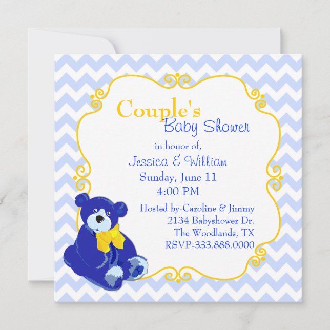 Invitación Baby Shower de la pareja de osos de peluche azul y (Anverso)