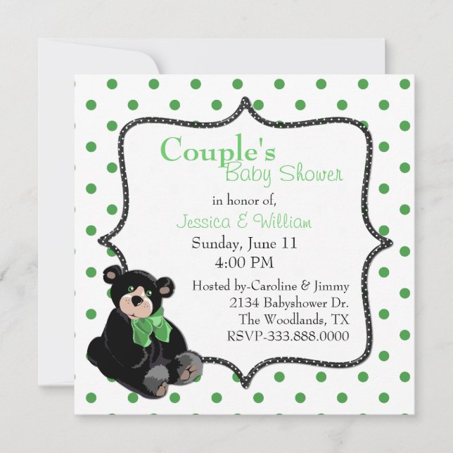 Invitación Baby Shower de la pareja de osos de peluche verde  (Anverso)