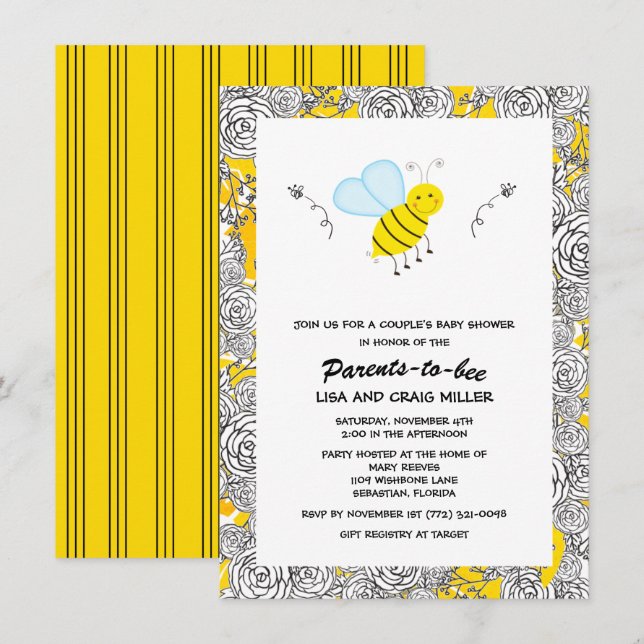 Invitación Baby Shower de la pareja floral de Bumblebee (Anverso / Reverso)
