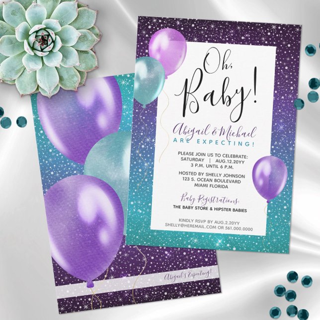 Invitación Baby Shower de la pareja nocturna Purple Starry o  (Our Purple Starry Night Baby Shower Invitations are Gender Neutral and a Super-fun Party Theme! )