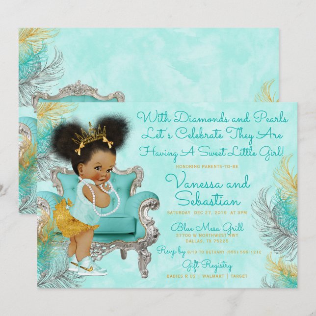 Invitación Baby Shower de la pluma turquesa de oro (Anverso / Reverso)