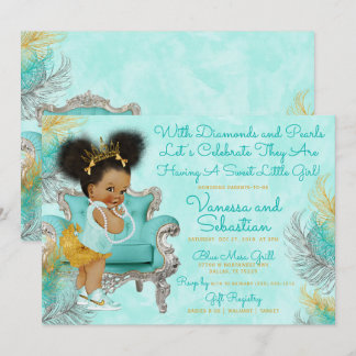 Invitación Baby Shower de la pluma turquesa de oro